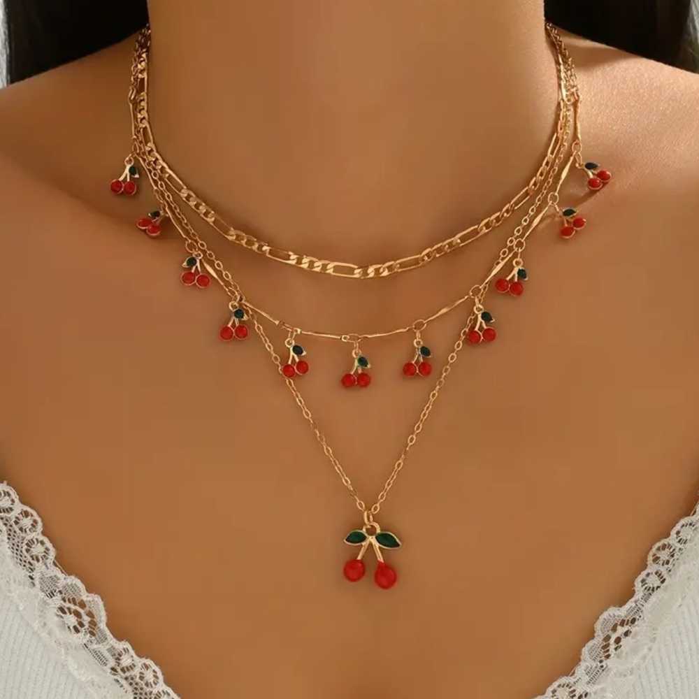 NEW Multi Layer Necklace Gold Cherry Pendant Necklace Set of 3